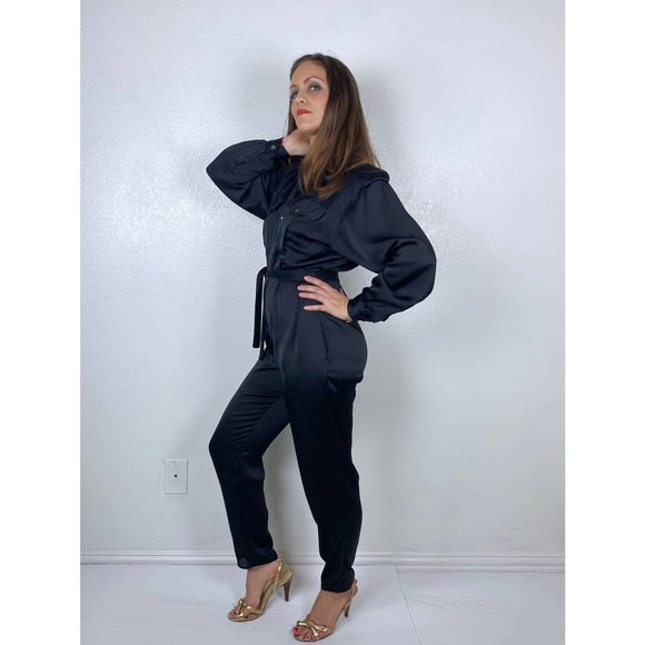 vintage 90s BLACK Liz Claiborne BELTED JUMPSUIT M/L utility military pantsuit - Picture 9 of 10